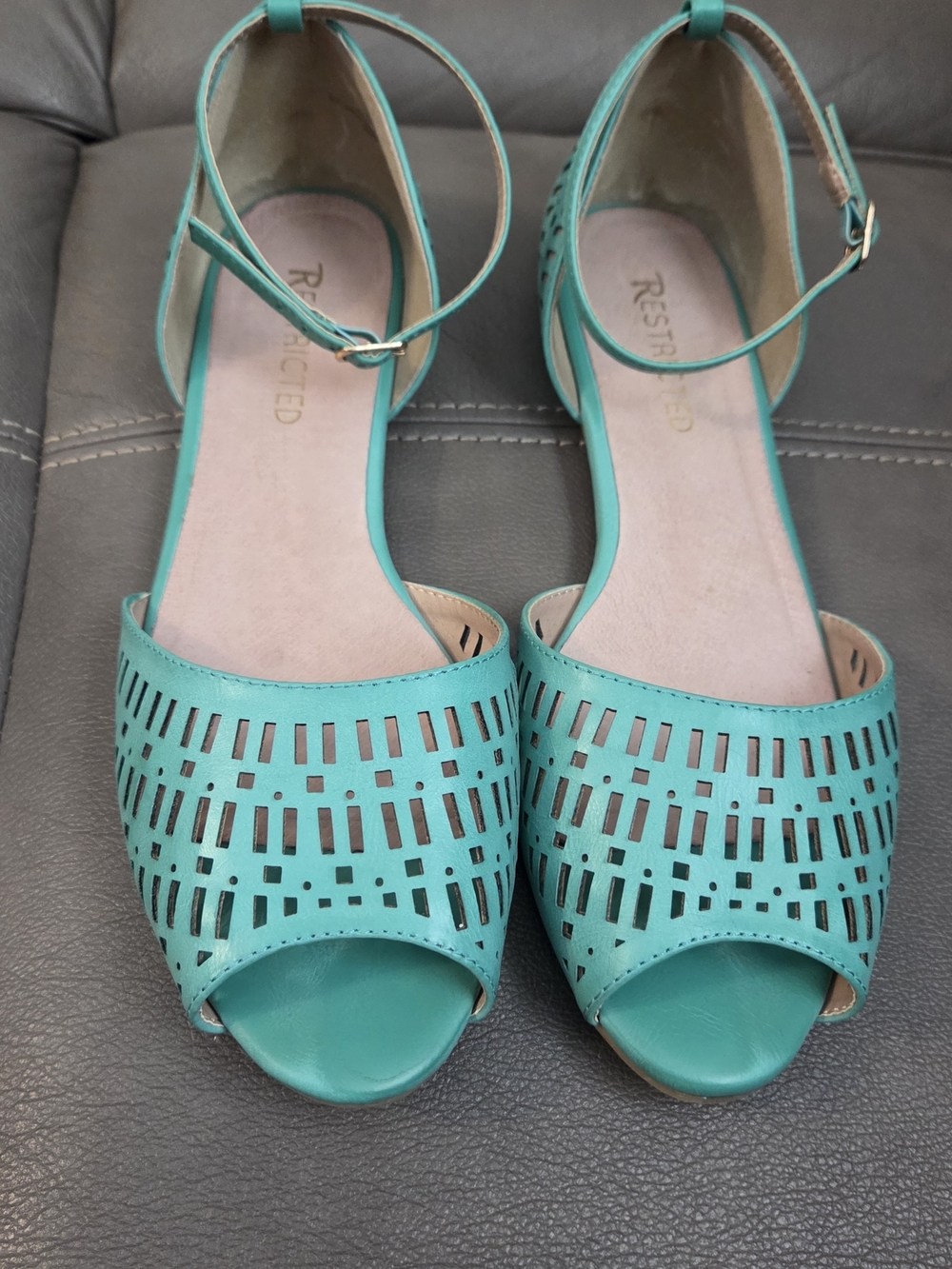 Restricted Teal Laser-Cut Peep-Toe Ankle-Strap Sandals
